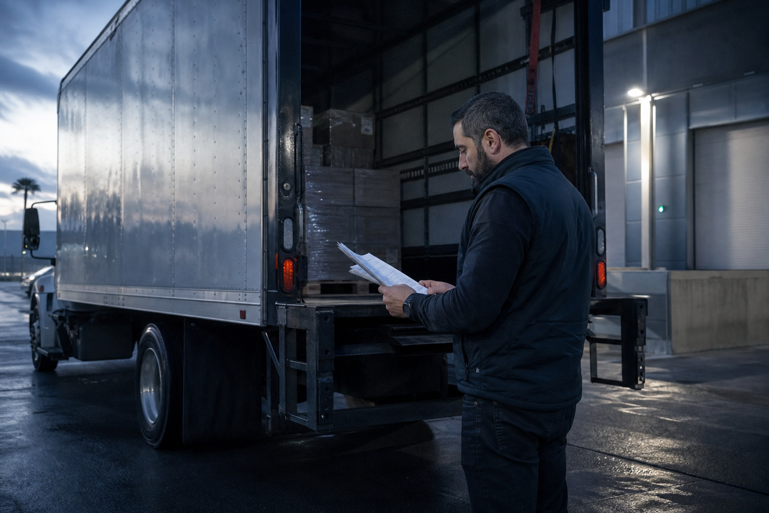 Garnik Hakobyan reviewing cargo paperwork beside a loaded box truck