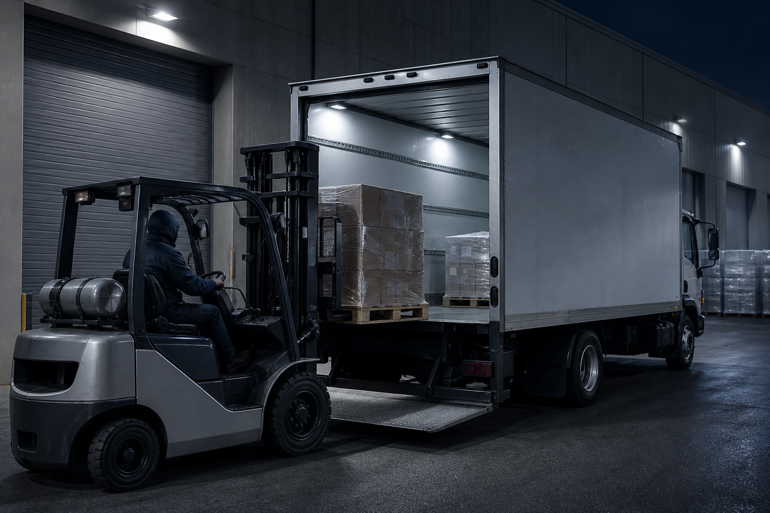 Forklift loading wrapped pallet freight into a box truck